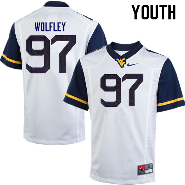 Youth #97 Stone Wolfley West Virginia Mountaineers College Football Jerseys Sale-White - Click Image to Close